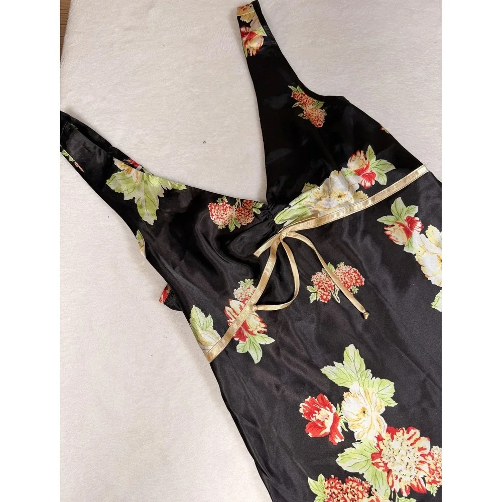 Jones New York Gown Womens Medium Black Floral Satin Chemise Adjustable Strap